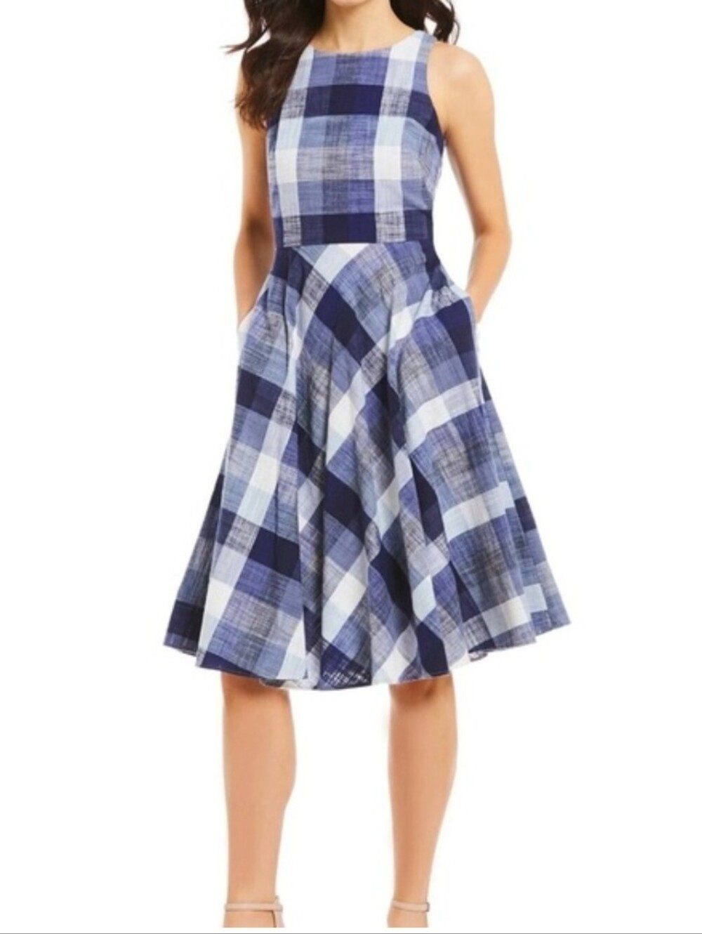 Eliza J Blue Plaid Sleeveless Fit-and-Flare Dress - Size 14